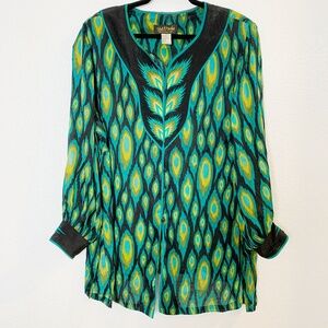 Vintage Bob Mackie Wearable Art Peacock Animal Print Silk Tunic Blouse 2X Boho